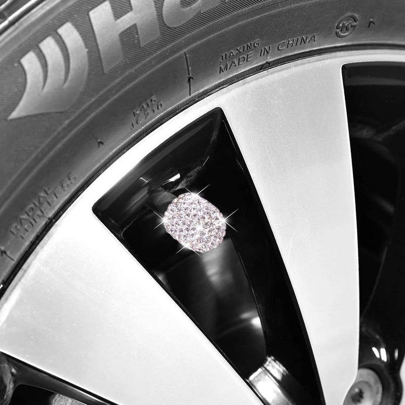 DBlosp Valve Stem Caps, 4 Pack Handmade Crystal Rhinestone Universal Car Tire Valve Caps Chrome,Attractive Dustproof Bling Car Accessories - White - Image 3